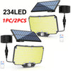 Two solar-powered flood lights with 234 LEDs and associated components shown.