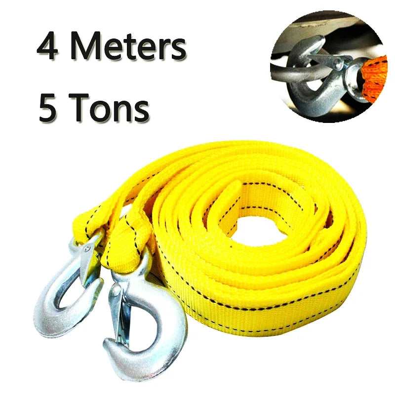 Yellow heavy duty car tow rope with safety hooks, 4 meters long and 5 tons capacity.