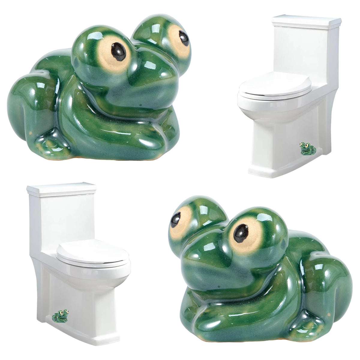 Hand-painted ceramic frog toilet bolt covers in green and yellow.