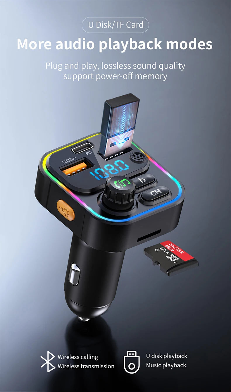 A black U disk/TF card audio playback device with a digital display and controls is shown against a gray background.