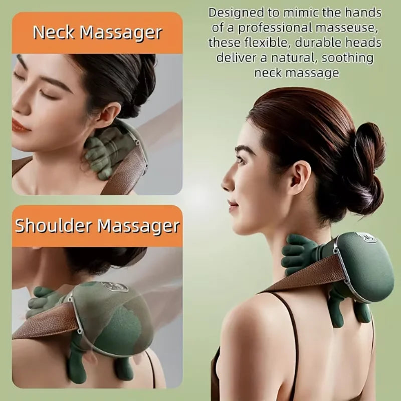 Une femme utilise un appareil de massage sans fil pour le cou et les épaules vert.