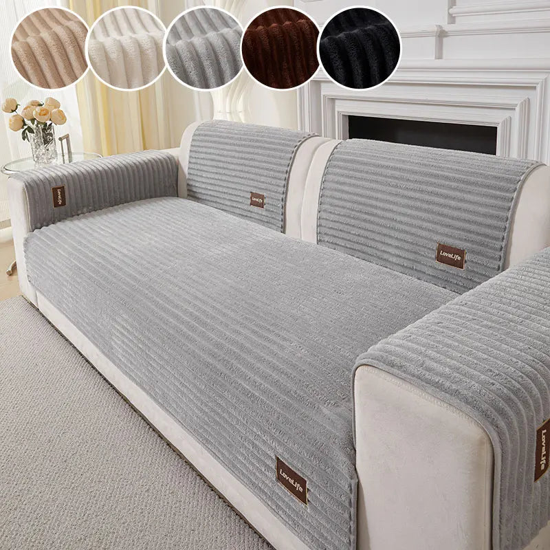 A light gray minimalist sofa cushion cover with striped fabric and decorative accent circles.