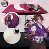A folding umbrella featuring a demon slayer theme with a pink and white sun motif, alongside a katana and a light source.