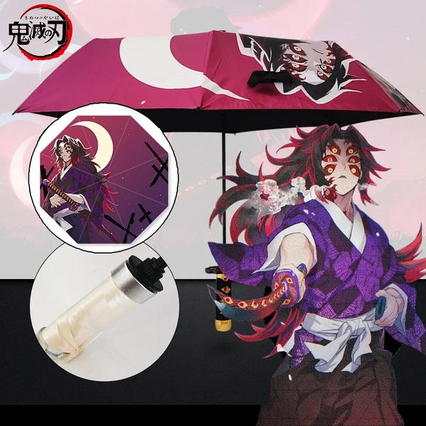 Paraguas plegable temático de demon slayer con sol rosa y blanco, katana y fuente de luz.