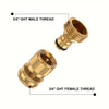 A set of solid brass garden hose quick connectors, including a 3/4 inch male thread and a 3/4 inch female thread.