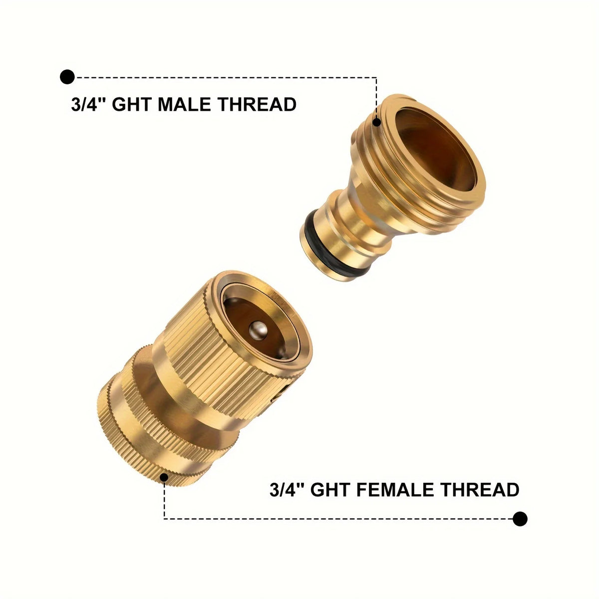 A set of solid brass garden hose quick connectors, including a 3/4 inch male thread and a 3/4 inch female thread.