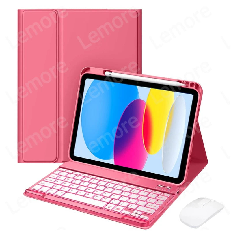 A pink iPad keyboard case with a built-in keyboard and pencil holder is shown next to a white wireless mouse.