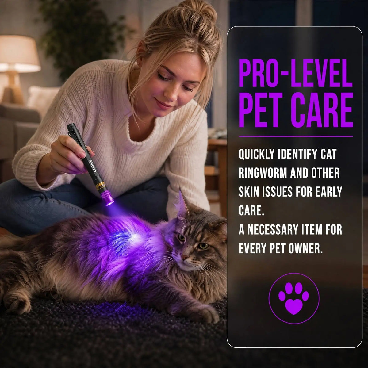 A woman uses a mini UV flashlight to examine the skin of a cat for potential health issues.