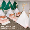 A white playhouse tent decorated with pink and gold accents set up indoors on a gray carpet.