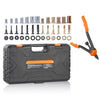 A gray tool kit box containing various rivet nut tools and mandrels, along with an orange pliers.