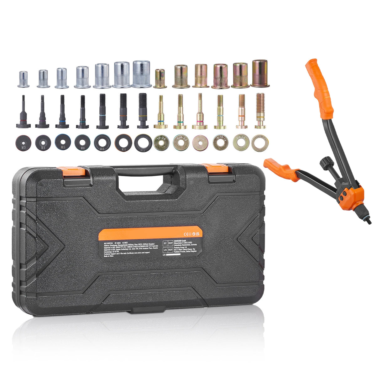 A gray tool kit box containing various rivet nut tools and mandrels, along with an orange pliers.