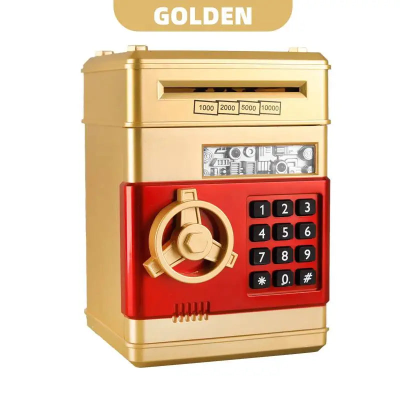 Golden electronic password piggy bank with an automatic bill feeder and numeric keypad.