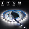 A flexible LED strip light illuminates a surface, demonstrating energy-saving and flicker-free lighting features.