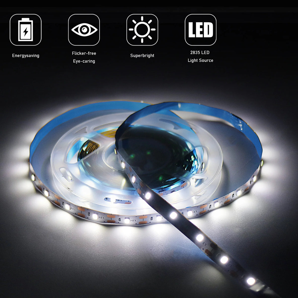A flexible LED strip light illuminates a surface, demonstrating energy-saving and flicker-free lighting features.