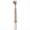 A light beige silicone pacifier clip with an anti-lost chain and wooden top.