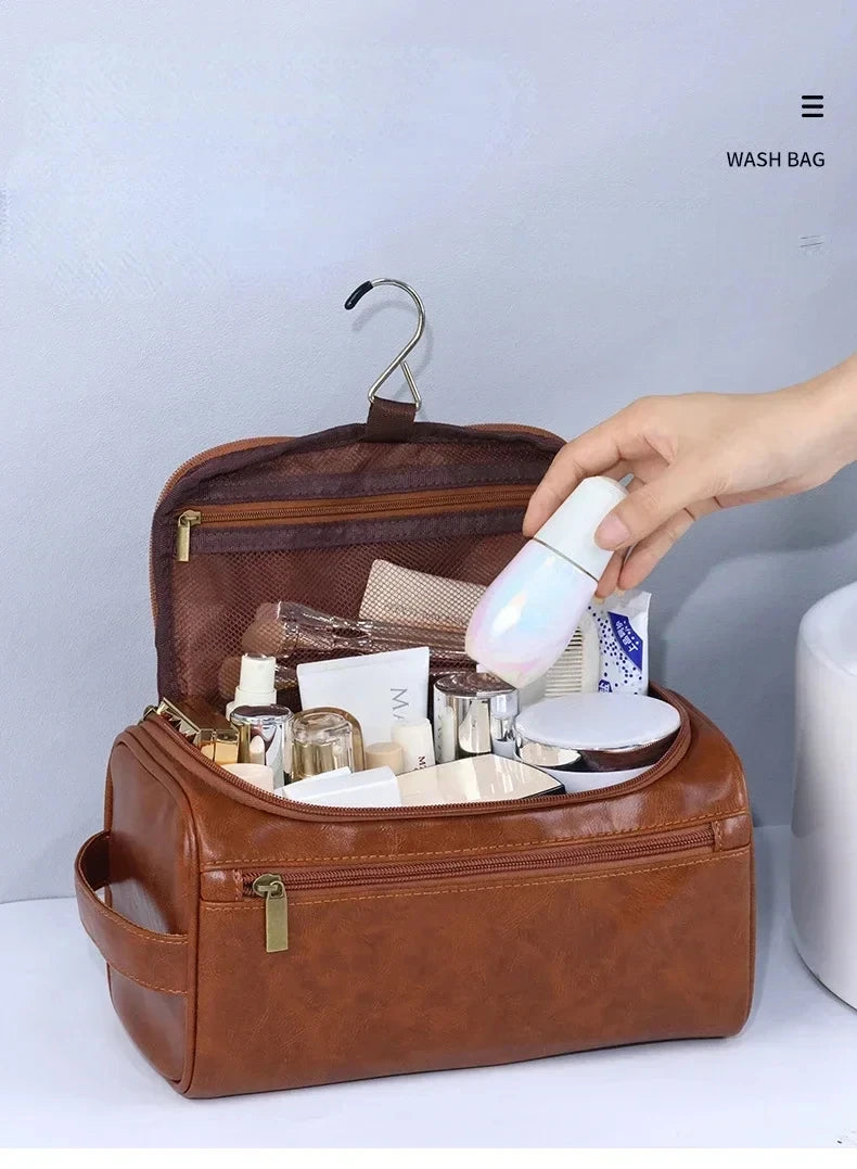 Hanging Leather Toiletry Bag with Durable Water-Resistant Design