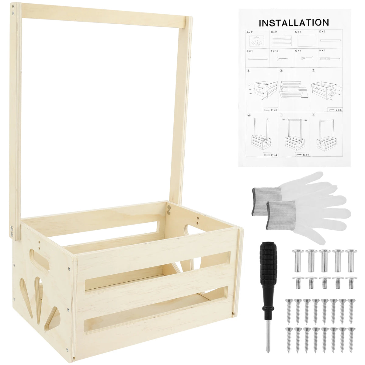 Wooden storage crate with a long handle and installation instructions for baby toys and clothing.