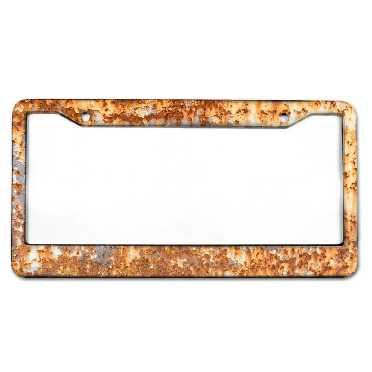 A rectangular, weathered copper-colored aluminum license plate frame with mounting holes.