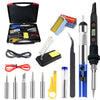 A collection of soldering iron tools including an iron, tips, and accessories for electronics repair.