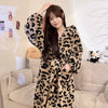 Women's Leopard Print Hooded Flannel Bathrobe