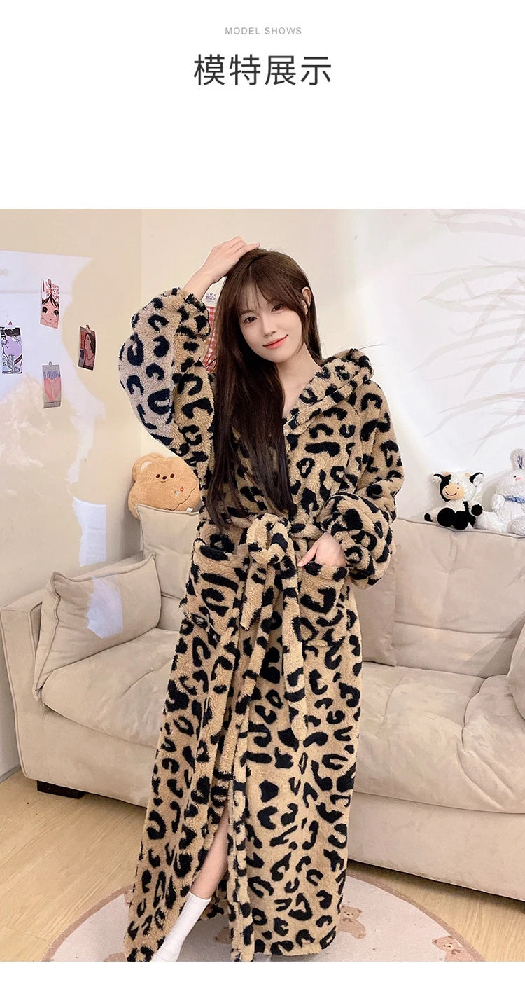 Women's Leopard Print Hooded Flannel Bathrobe