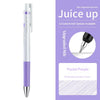 Ein weißer und violetter Pilot Juice Up Gelstift wird neben Text mit Informationen zu verbesserten Tintenoptionen gezeigt.