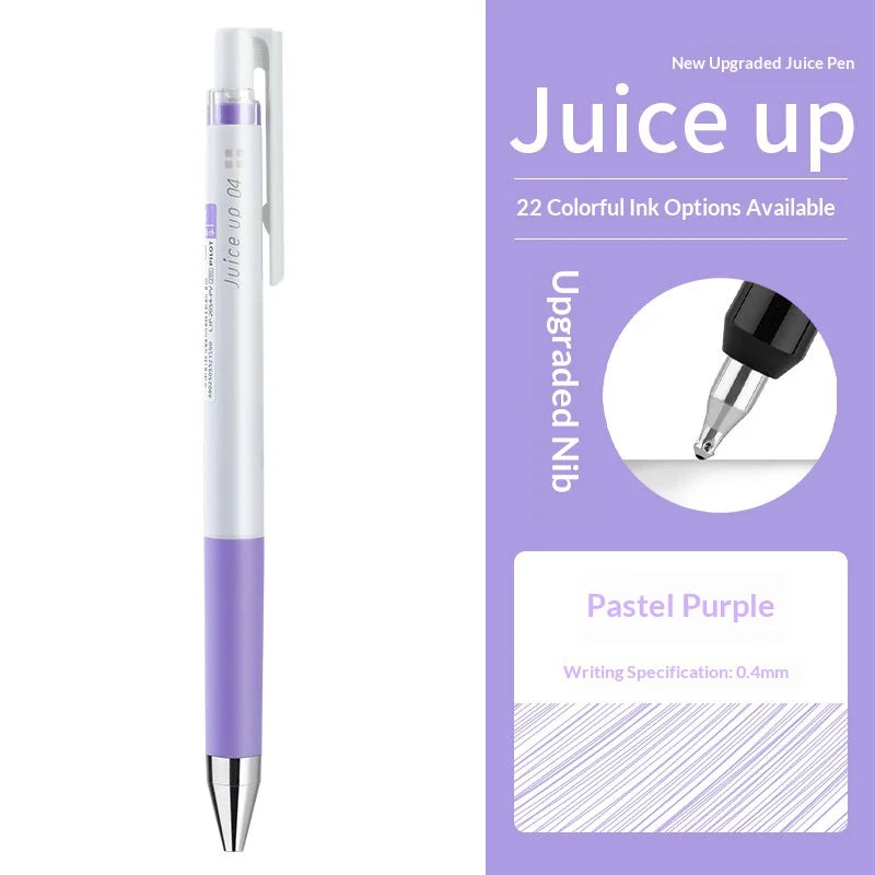Ein weißer und violetter Pilot Juice Up Gelstift wird neben Text mit Informationen zu verbesserten Tintenoptionen gezeigt.