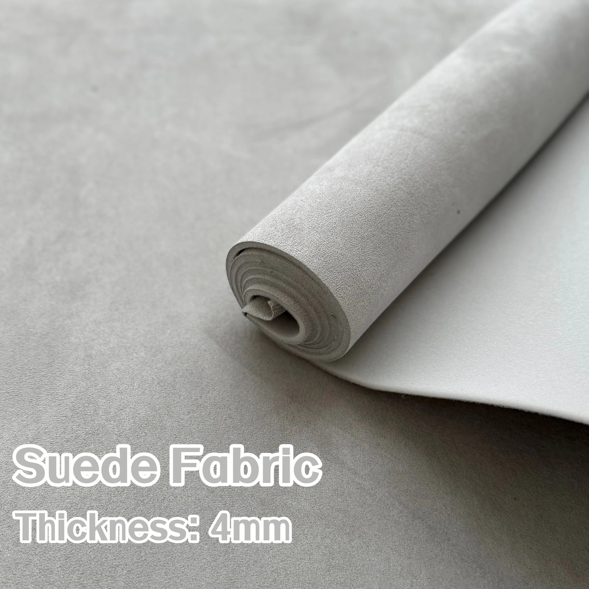 Roll of gray suede fabric with a foam backing, showing the thickness of 4mm.