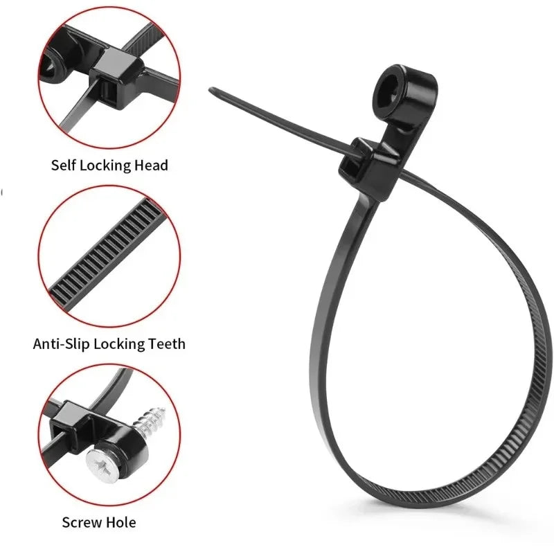 Diagram showing components of reusable screw-hole cable ties including the self-locking head, anti-slip teeth, and screw hole