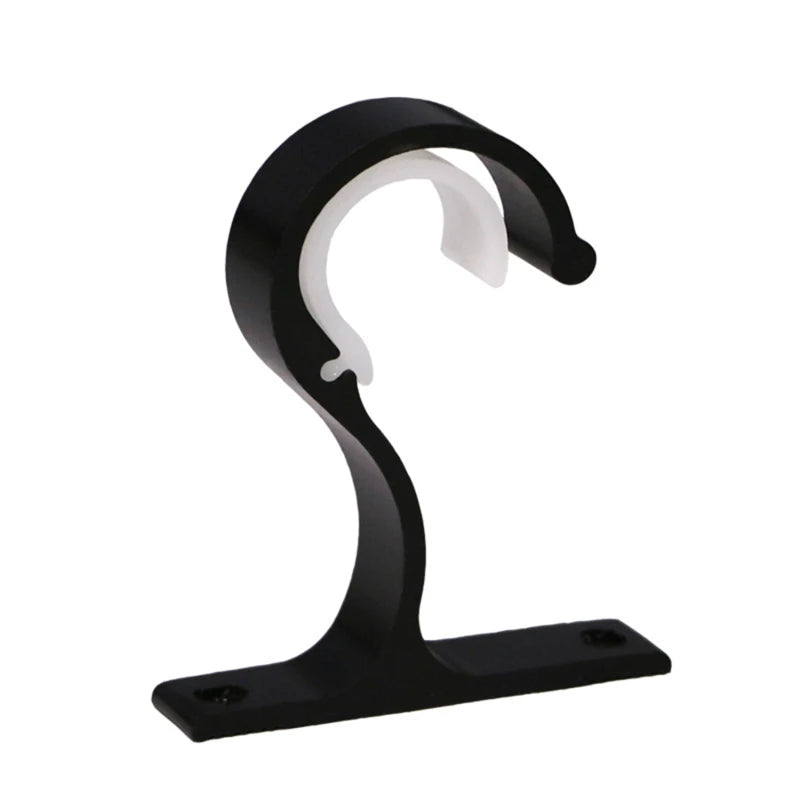 Black durable curtain rod brackets with a curved hook design for secure window treatments