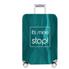 A teal stretchable luggage cover with a silver handle and wheels.