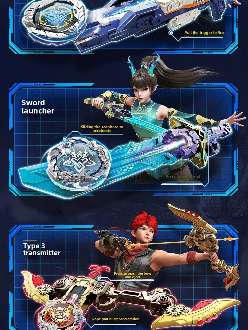 A close-up of a sword launcher and transmitter from a battle top featuring blue, purple, and gold accents.