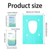 A rectangular teal disposable toilet seat cover is shown with its dimensions labeled.