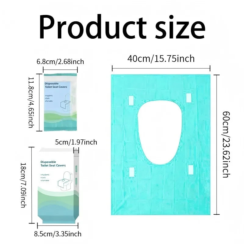 A rectangular teal disposable toilet seat cover is shown with its dimensions labeled.