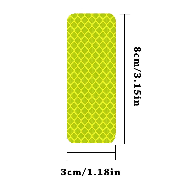 A yellow reflective car safety strip measuring 8cm by 3.15in, with a width of 3cm or 1.18in.