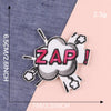 A white embroidered lettering patch with the word ZAP in pink and black, featuring a cloud design.