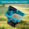 A blue cordless handheld spreader tool is shown in a grassy outdoor setting.