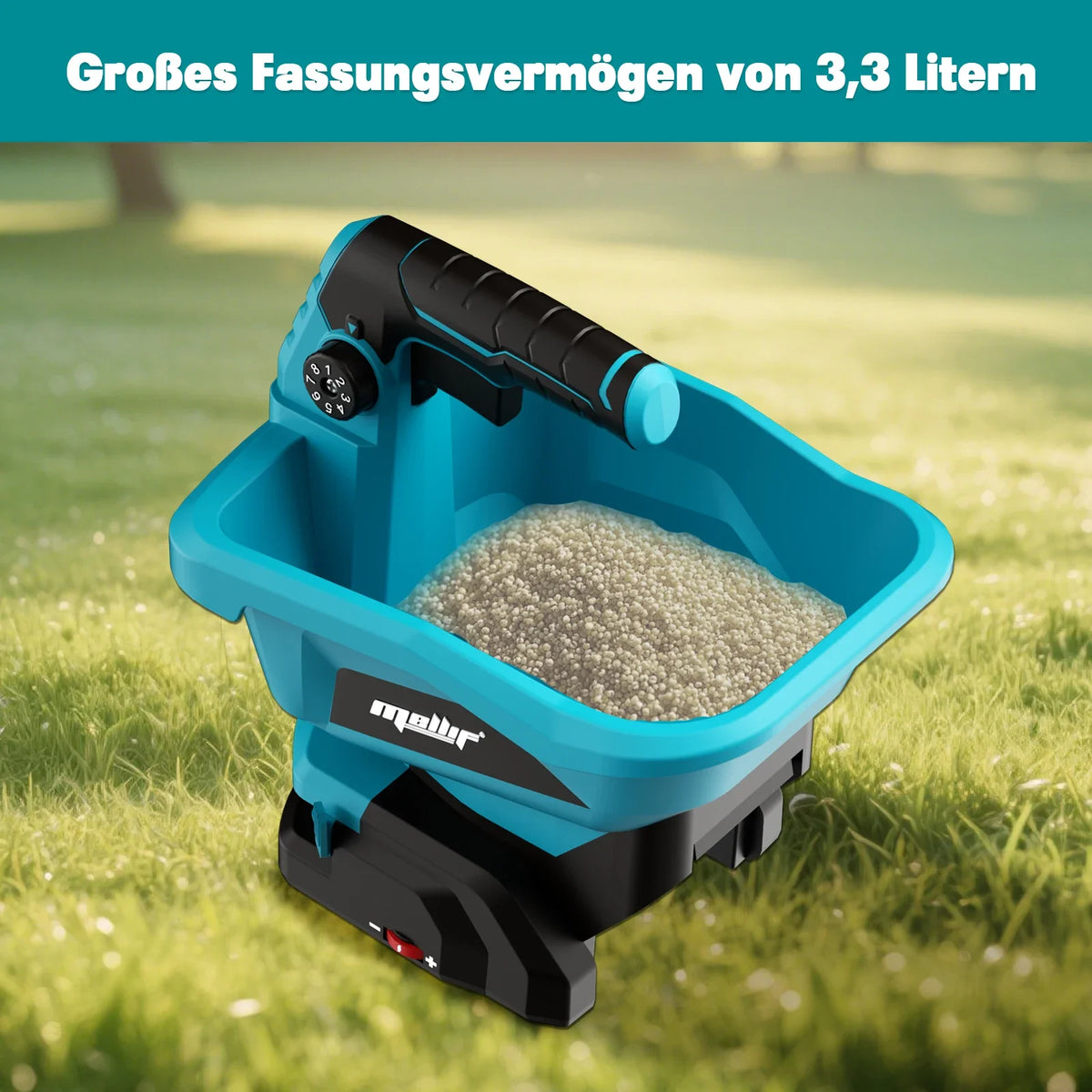 A blue cordless handheld spreader tool is shown in a grassy outdoor setting.