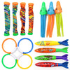 A collection of pool dive and grab play toys including colorful plastic figures and various shaped pool toys for children.