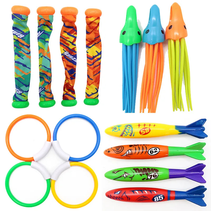 A collection of pool dive and grab play toys including colorful plastic figures and various shaped pool toys for children.
