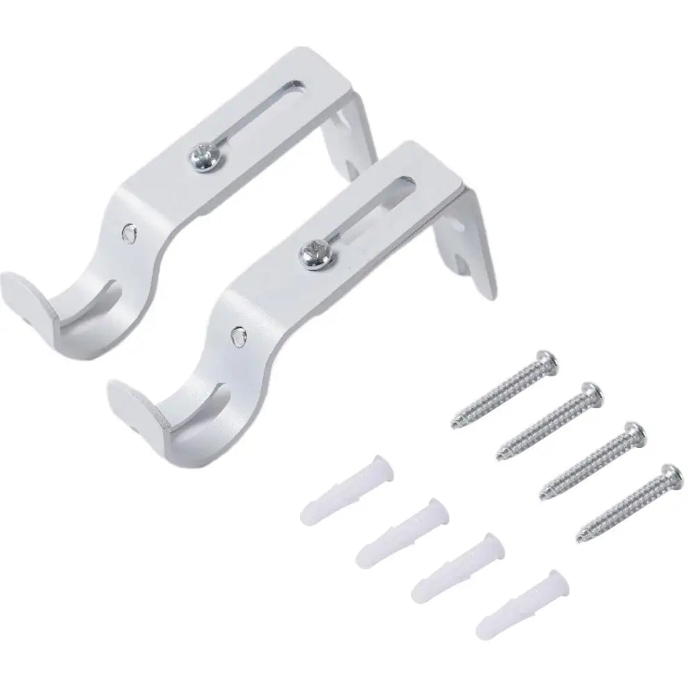A set of white metal curtain rod brackets and mounting pins for 1-inch rods.