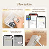 Step-by-step guide showing how to load satin ribbon, connect Bluetooth, customize label length, and complete printing.