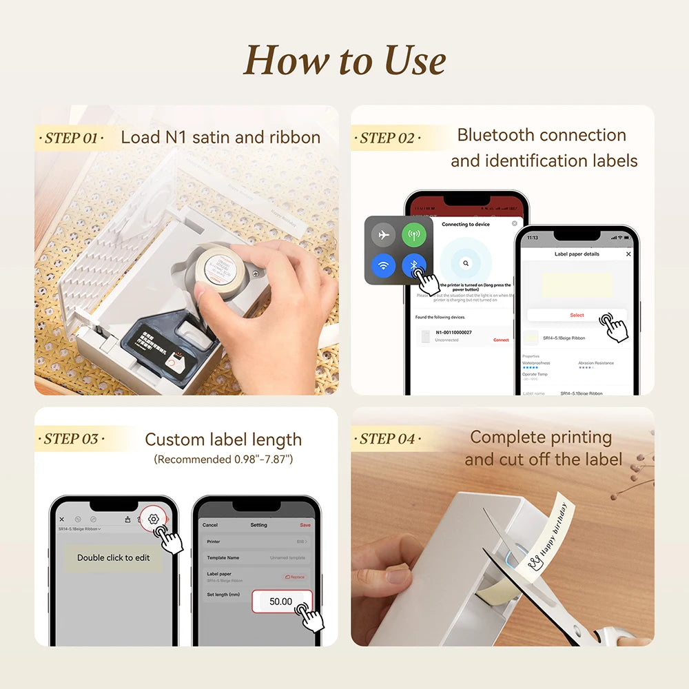 Step-by-step guide showing how to load satin ribbon, connect Bluetooth, customize label length, and complete printing.