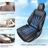 A black car seat cushion designed for instant cooling and air circulation, shown with features for heating, cooling, and mass