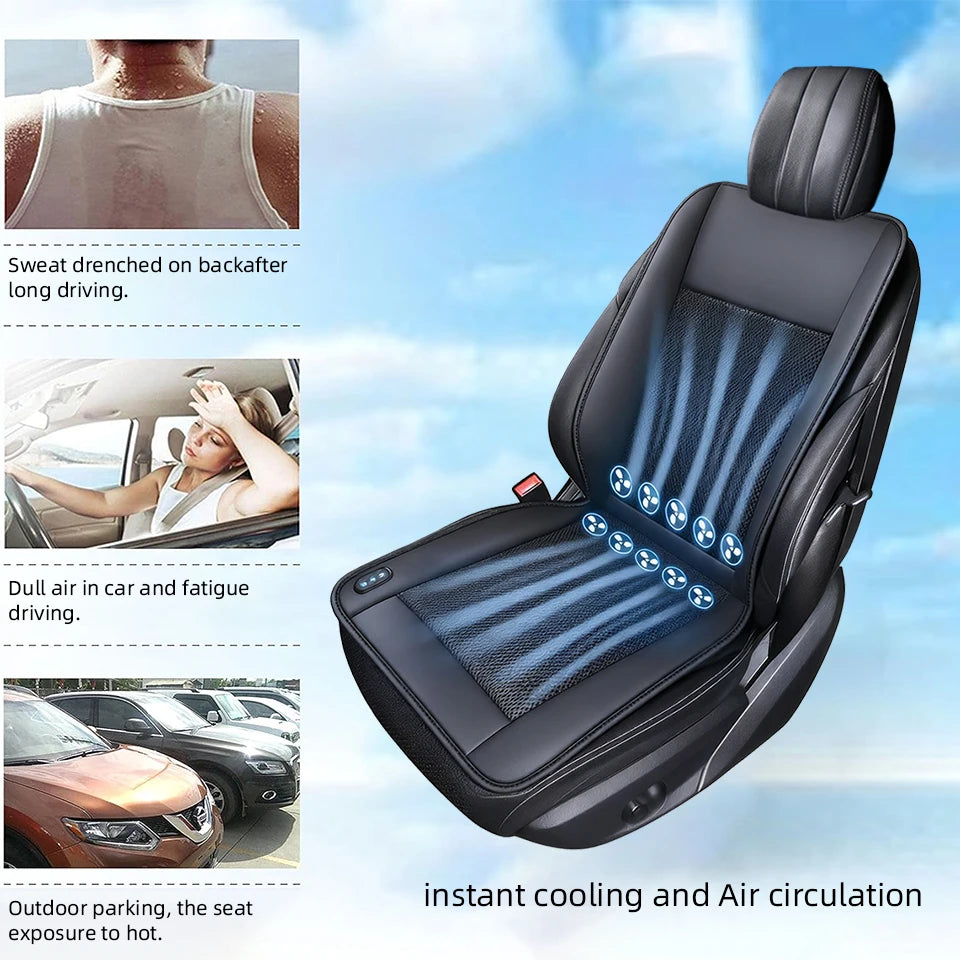 A black car seat cushion designed for instant cooling and air circulation, shown with features for heating, cooling, and mass