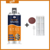 A bottle of high strength casting adhesive with a dispenser and two white tubes, plus a disc and a spatula.