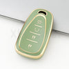 A light green durable TPU key fob cover for a Chevrolet vehicle, shown in a close-up view.