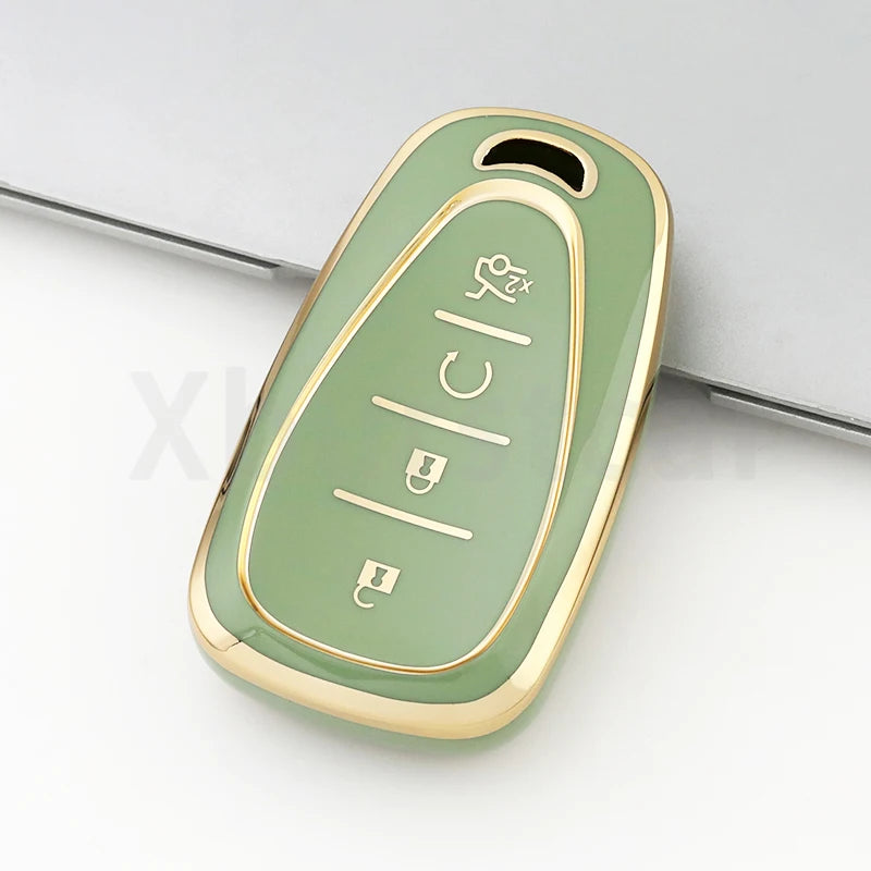 A light green durable TPU key fob cover for a Chevrolet vehicle, shown in a close-up view.
