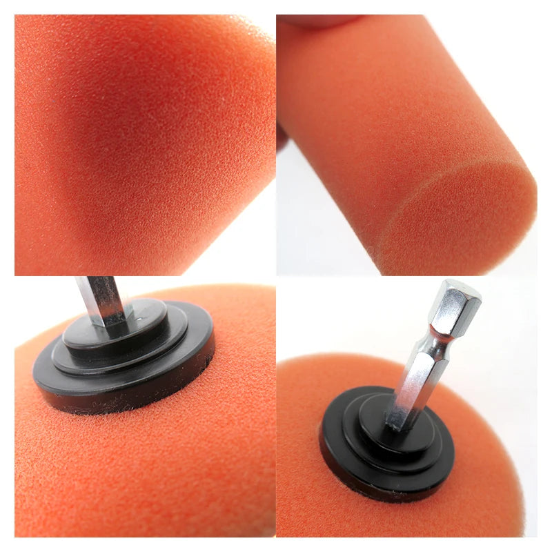 Close-up view of an orange conical sponge polishing cone with a black mounting mechanism.