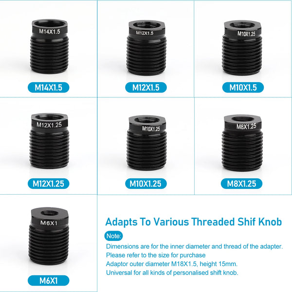 A set of black threaded adapters for various shift knobs, including M14x1.5, M12x1.5, M10x1.25, and M8x1.25.